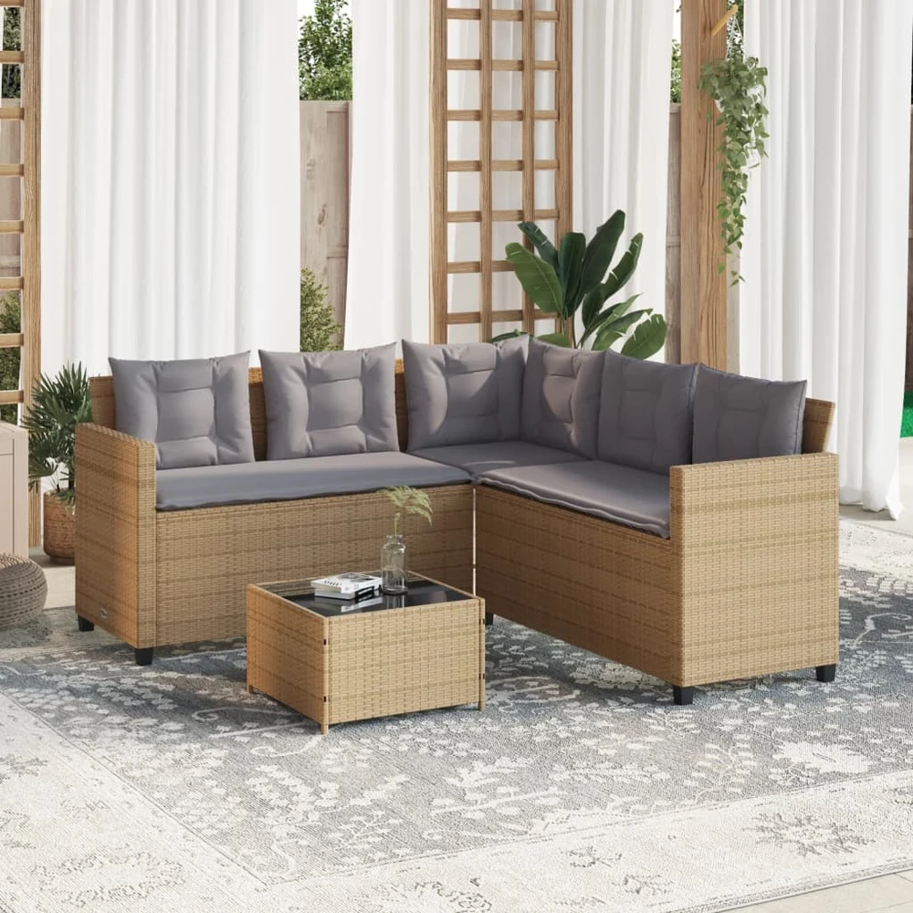 Sodo sofa su stalu/pagalvėlėmis, smėlio, poliratanas, L formos