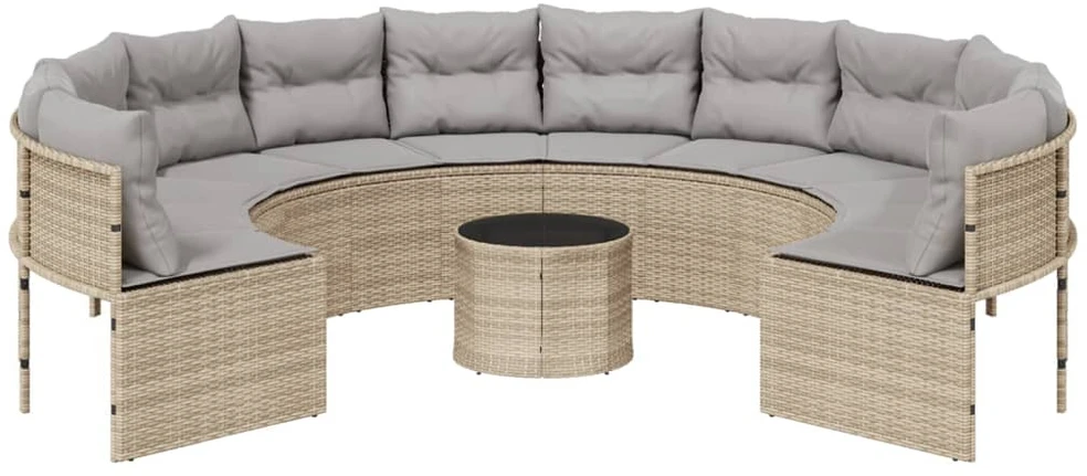 Sodo sofa su stalu/pagalvėlėmis, smėlio, poliratanas, apvali