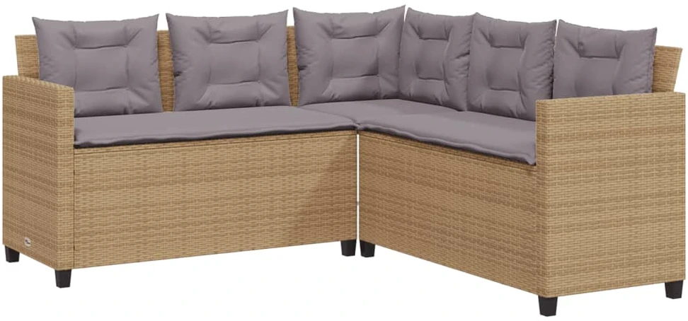 Sodo sofa su stalu/pagalvėlėmis, smėlio, poliratanas, L formos