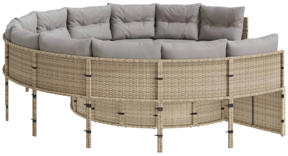 Sodo sofa su stalu/pagalvėlėmis, smėlio, poliratanas, apvali