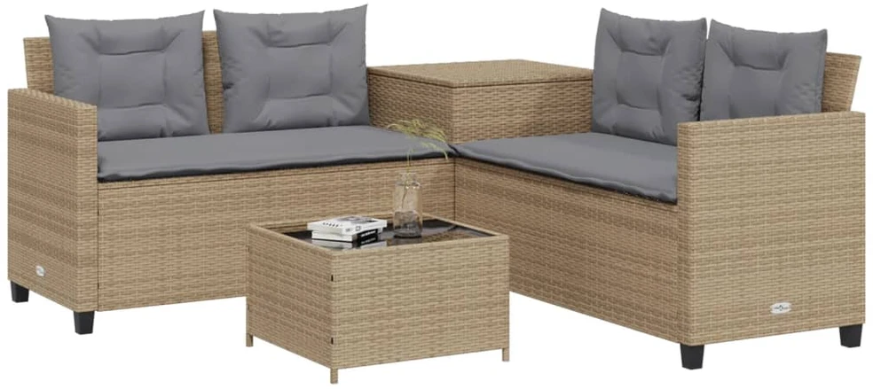 Sodo sofa su stalu/pagalvėlėmis, smėlio, poliratanas, L formos