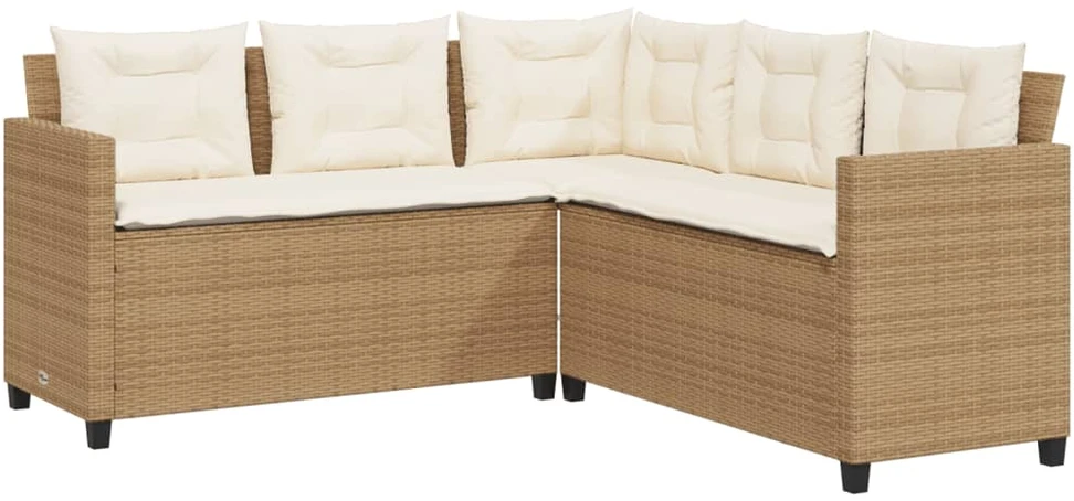 Sodo sofa su stalu/pagalvėlėmis, smėlio, poliratanas, L formos