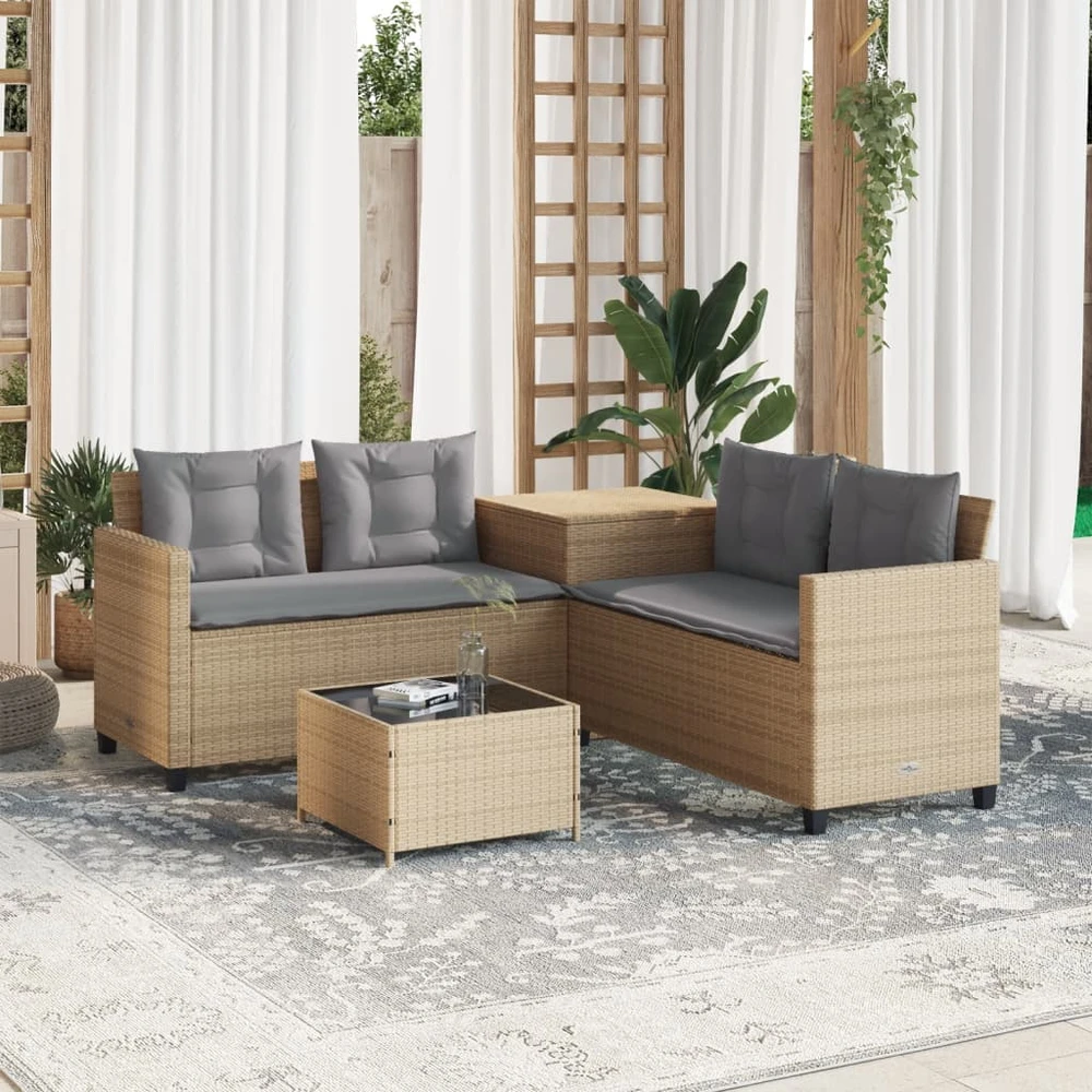 Sodo sofa su stalu/pagalvėlėmis, smėlio, poliratanas, L formos