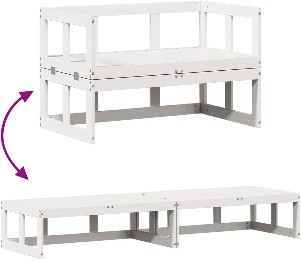Sodo sofa-suoliukas, baltas, pušies masyvas, išskleidžiama