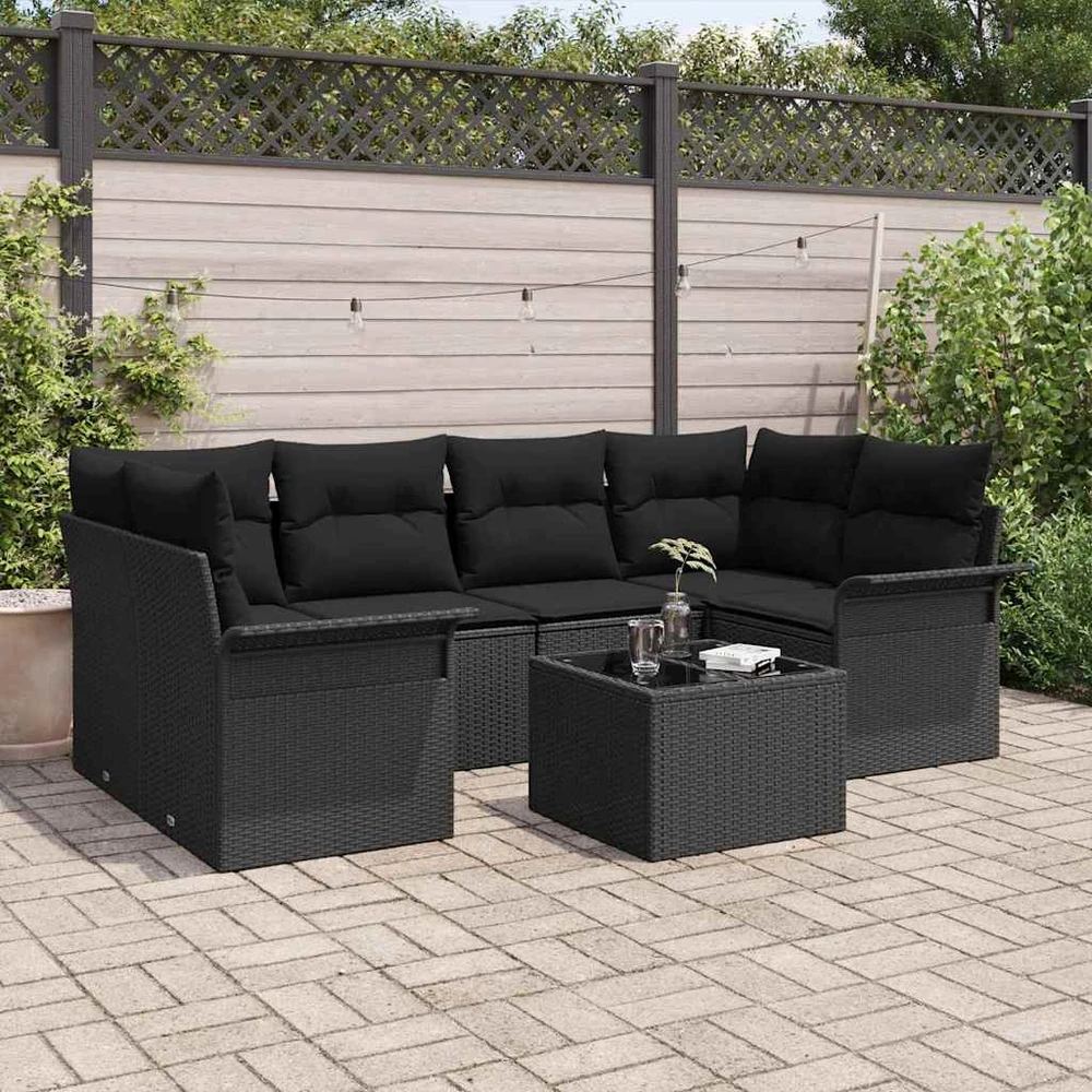 Sodo Sofų Rinkinys 7 pcs 6-Seater Juoda poliratanas