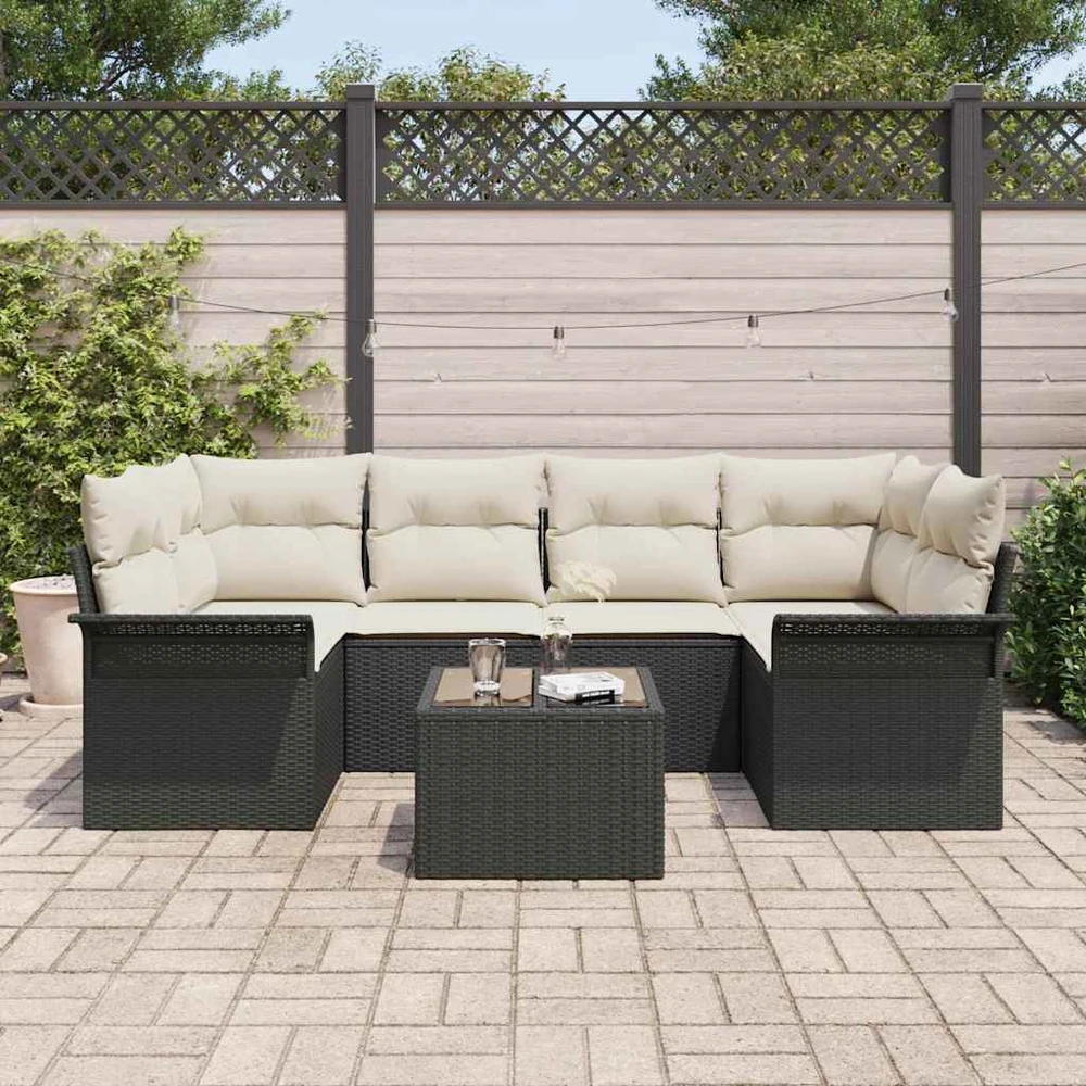 Sodo Sofų Rinkinys 7 pcs 6-Seater Juoda ir kreminė poliratanas