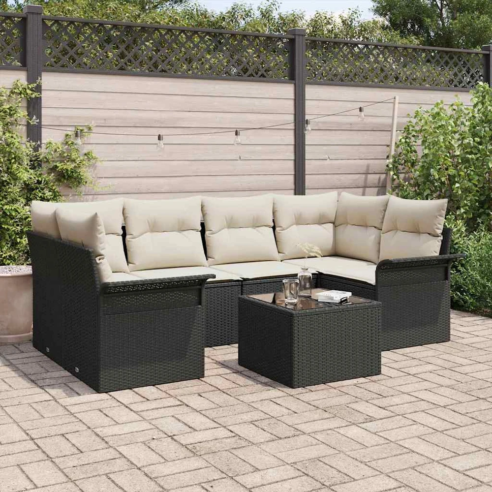 Sodo Sofų Rinkinys 7 pcs 6-Seater Juoda ir kreminė poliratanas