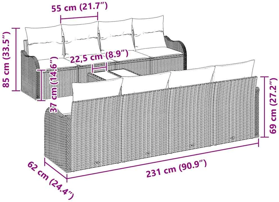 Sodo Sofų Rinkinys 9 vnt. 8-Vietų skaičius Juoda