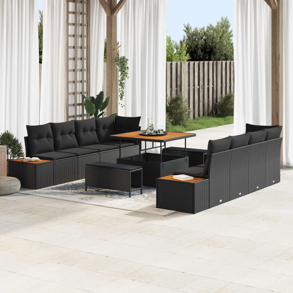 Sodo Sofų Rinkinys 11 vnt. 10-Vietų skaičius Juoda Poli ratanas