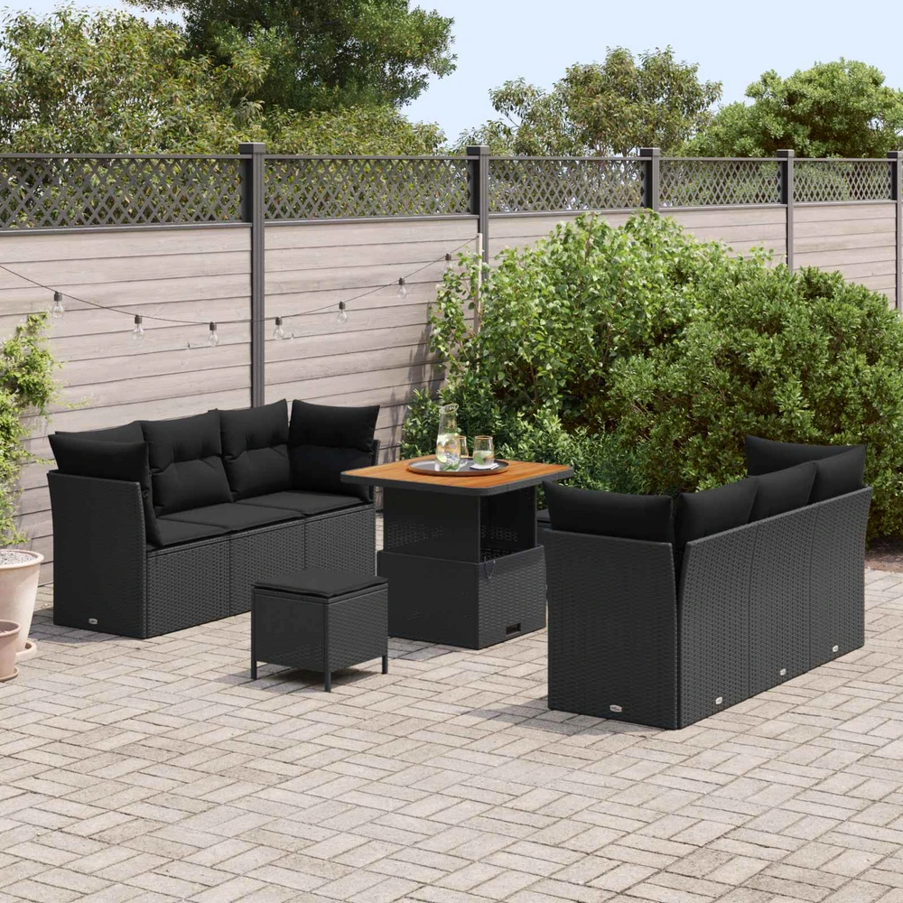 Sodo Sofų Rinkinys su pagalve 9 pcs Juoda poliratanas