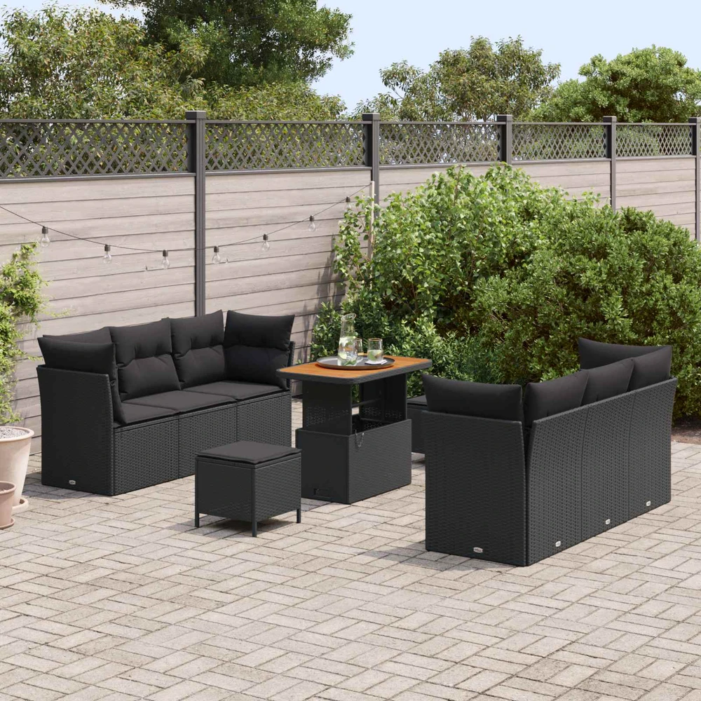 Sodo Sofų Rinkinys su pagalve 9 pcs Juoda poliratanas