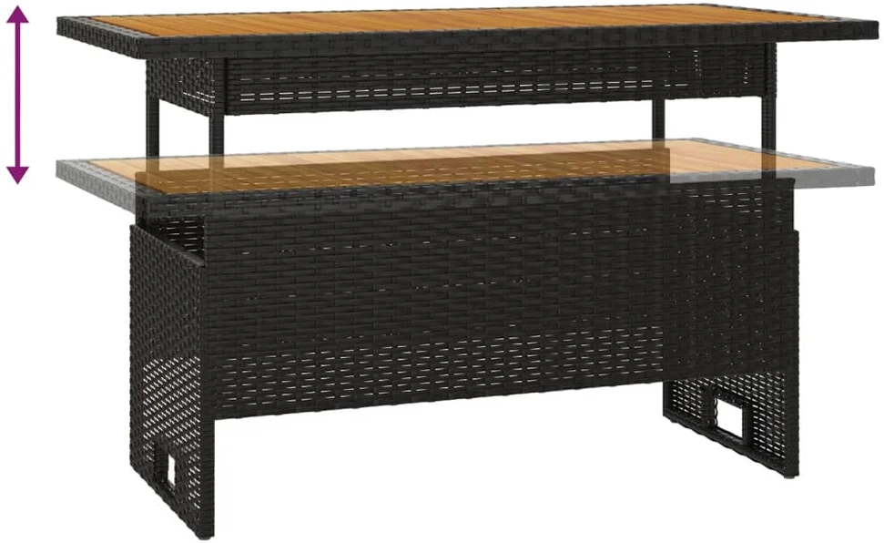 Sodo stalas, juodas, 100x50x43/63cm, akacija ir poliratanas