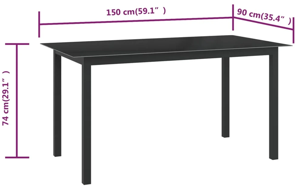 Sodo stalas, juodas, 150x90x74cm, aliuminis ir stiklas
