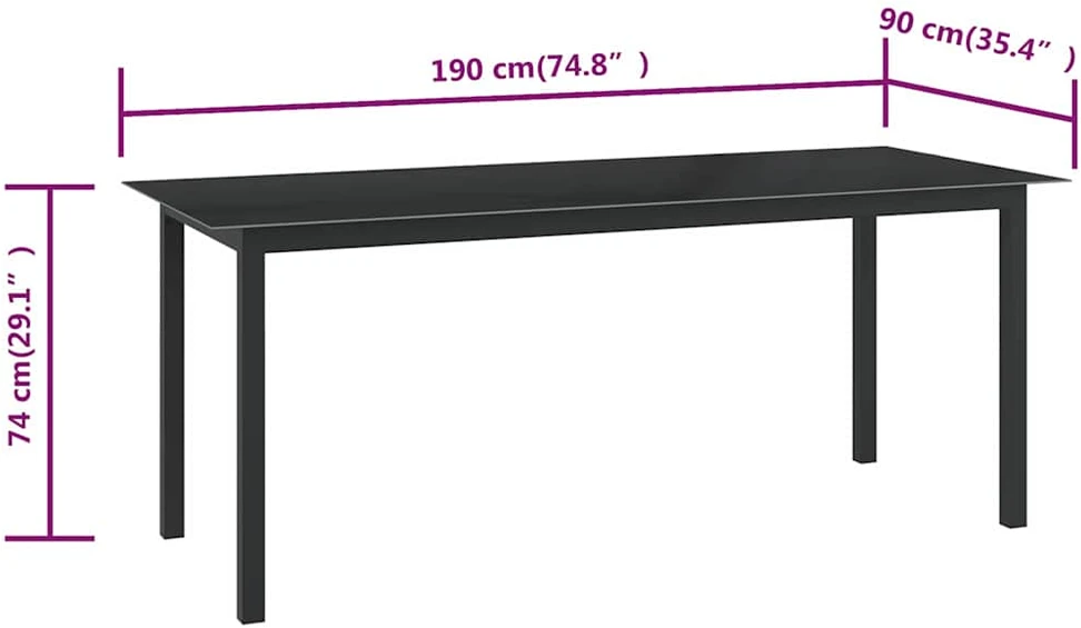 Sodo stalas, juodas, 190x90x74cm, aliuminis ir stiklas