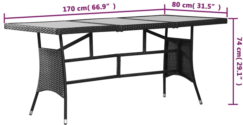 Sodo stalas, juodos spalvos, 170x80x74cm, poliratanas