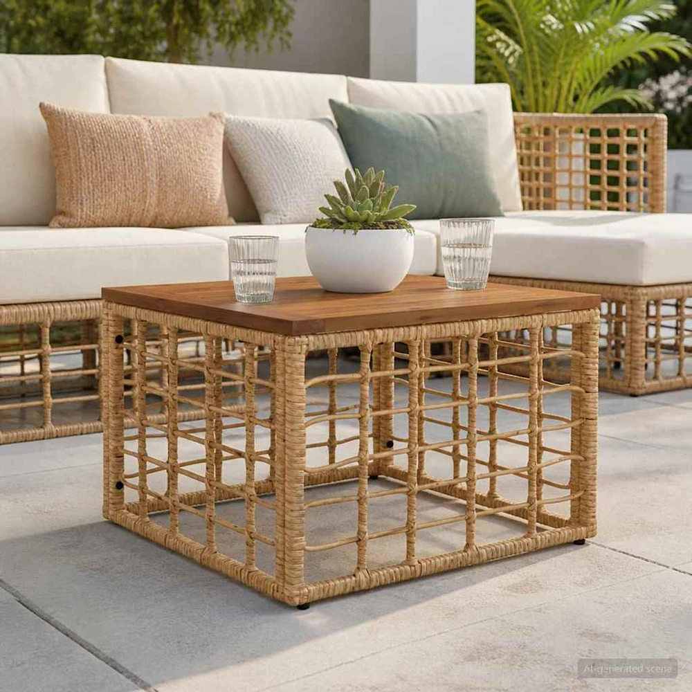 Sodo stalas Natūrali 55 x 55 x 37 cm PE Rattan ir Stiklas