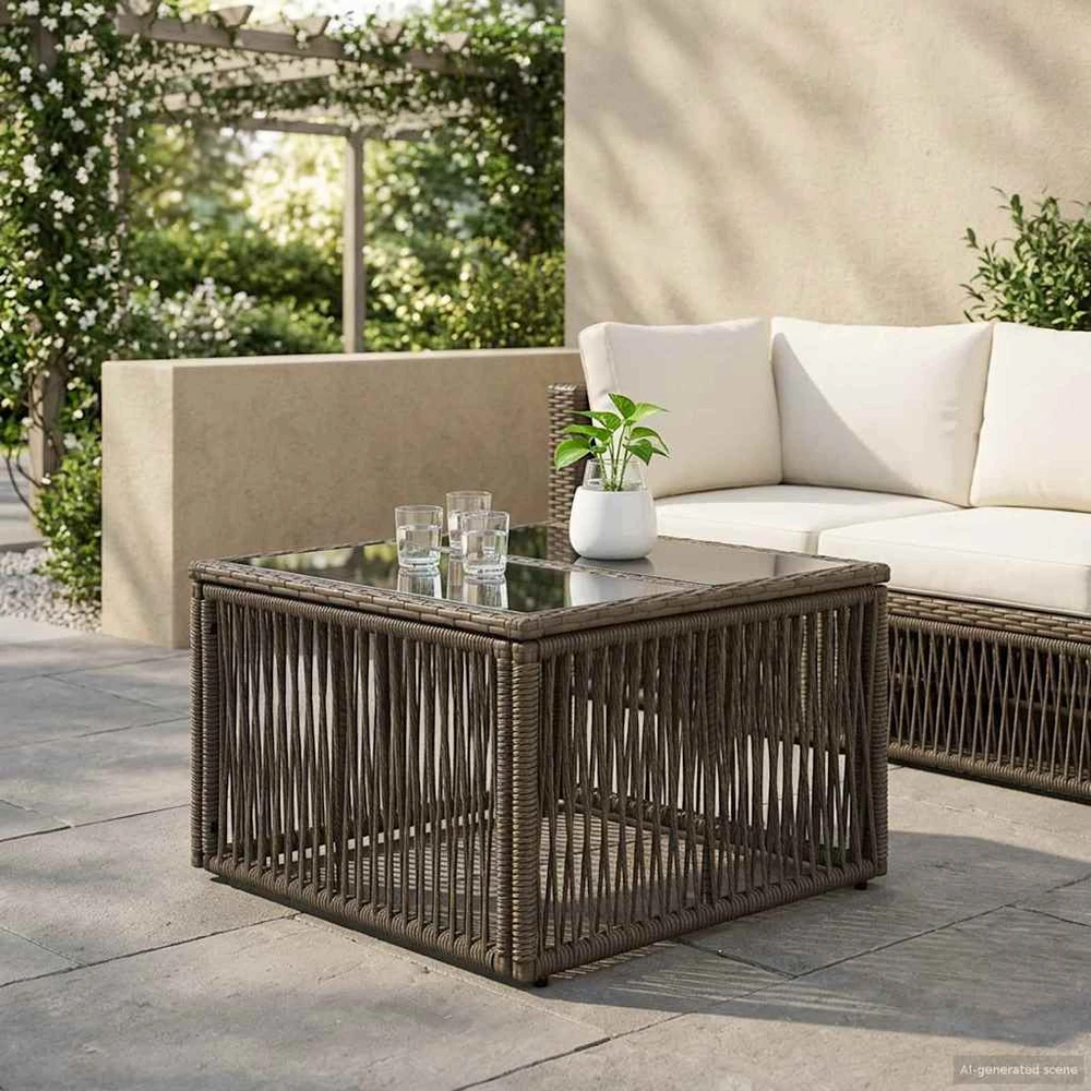 Sodo stalas Pilka ir juoda 55 x 55 x 37 cm PE Rattan ir Stiklas