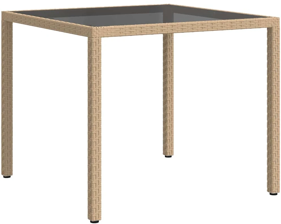 Sodo stalas, smėlio, 90x90x75cm, grūdintas stiklas/poliratanas
