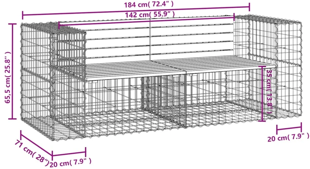 Sodo suoliukas, 184x71x65,5cm, douglas eglė, gabiono dizaino