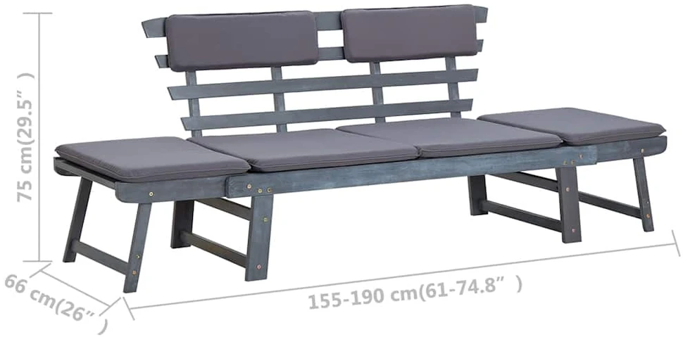 Sodo suoliukas su pagalvėlėmis, pilkas, 190cm, akacijos masyvas