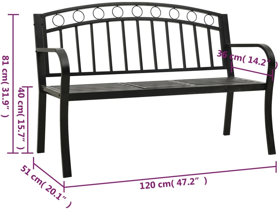 Sodo suoliukas su staliuku, juodos spalvos, 120cm, plienas