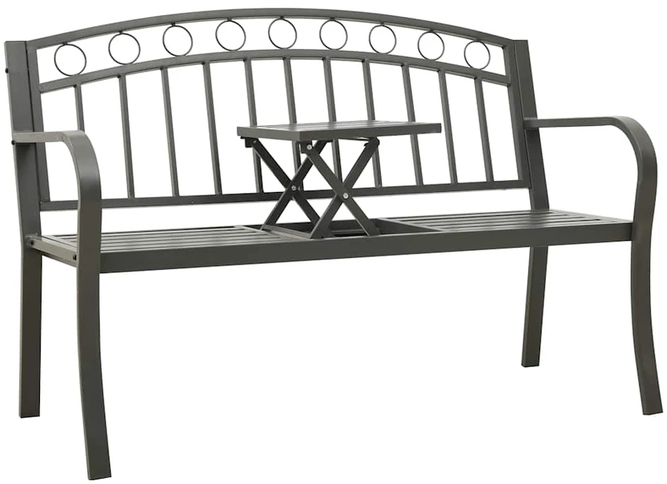 Sodo suoliukas su staliuku, pilkos spalvos, 120cm, plienas
