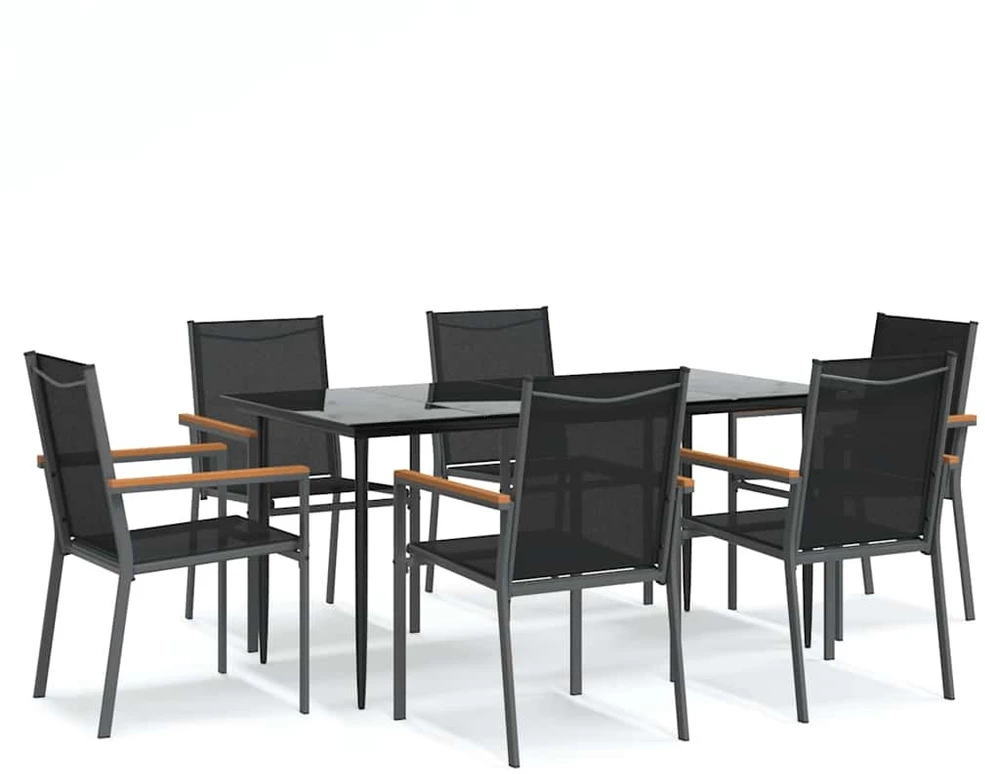 Lauko baldų komplektas Sodo valgomojo komplektas, 7 dalių, juodas, tekstilenas/plienas