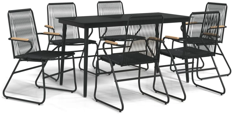 Lauko baldų komplektas Sodo valgomojo komplektas, 7 dalių, juodas, PVC ratanas