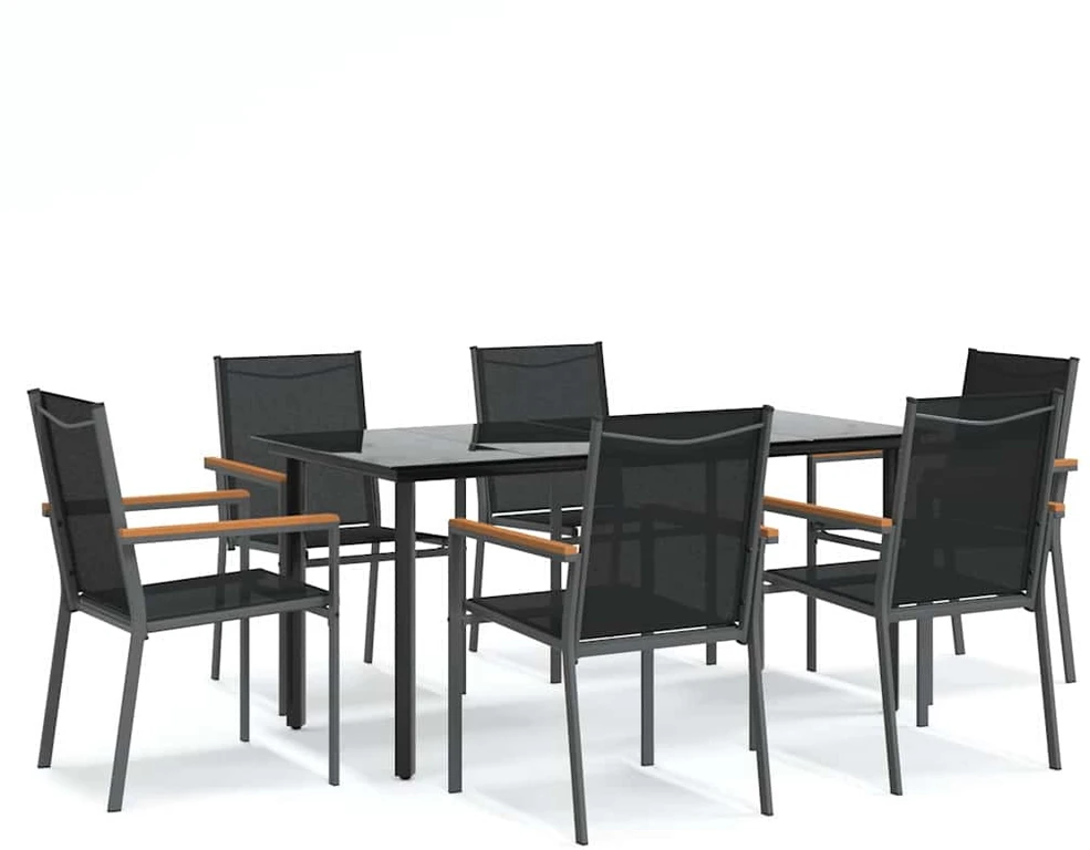 Lauko baldų komplektas Sodo valgomojo komplektas, 7 dalių, juodas, tekstilenas/plienas