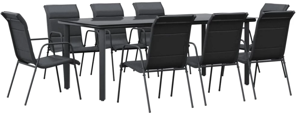 Lauko baldų komplektas Sodo valgomojo komplektas, 9 dalių, juodas, plienas/tekstilenas