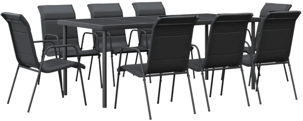 Lauko baldų komplektas Sodo valgomojo komplektas, 9 dalių, juodas, plienas/tekstilenas