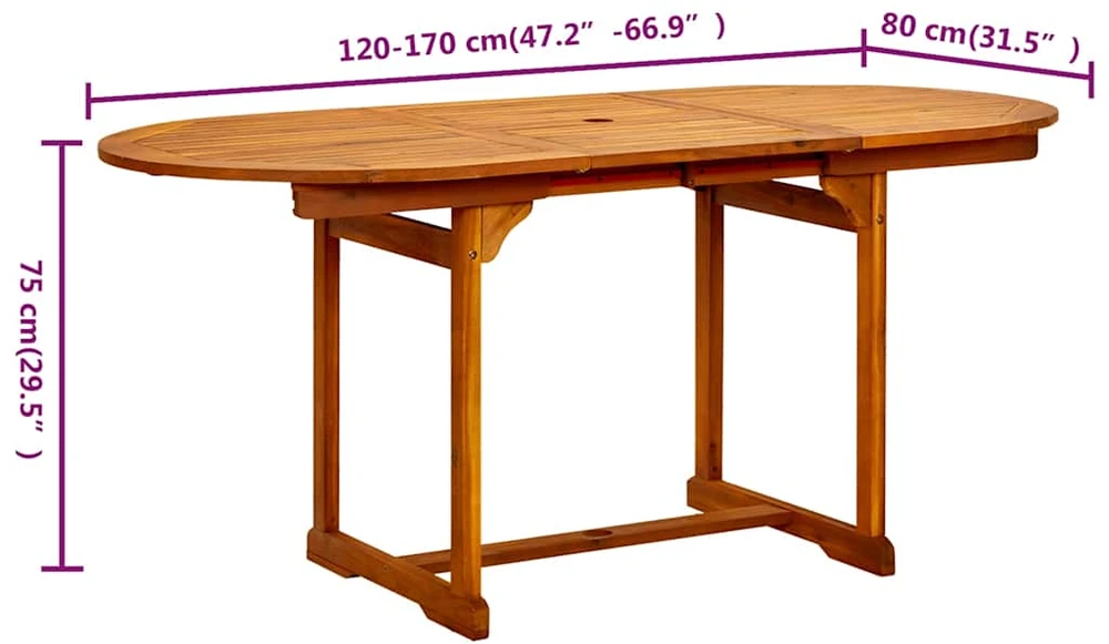 Sodo valgomojo stalas, (120–170)x80x75cm, akacijos masyvas
