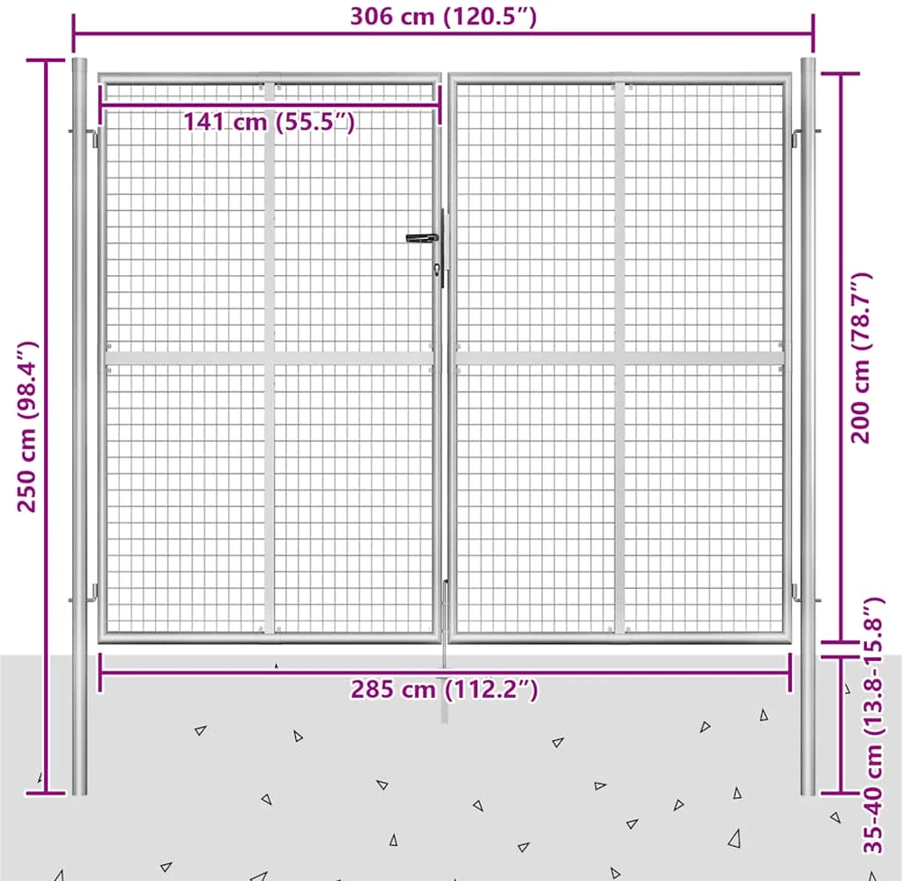 Sodo vartai, sidabrinės sp., 306x250cm, galvanizuotas plienas