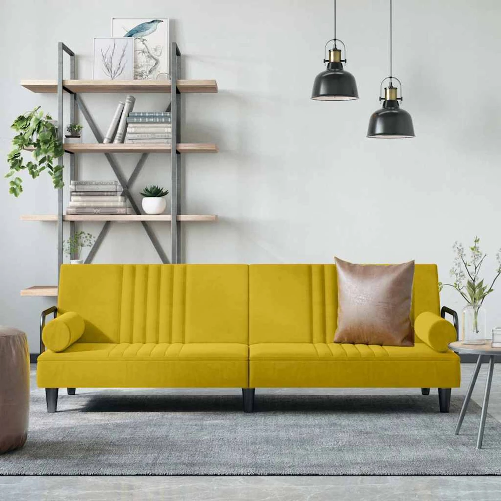 Sofa-lova su porankiais, geltonos spalvos, aksomas