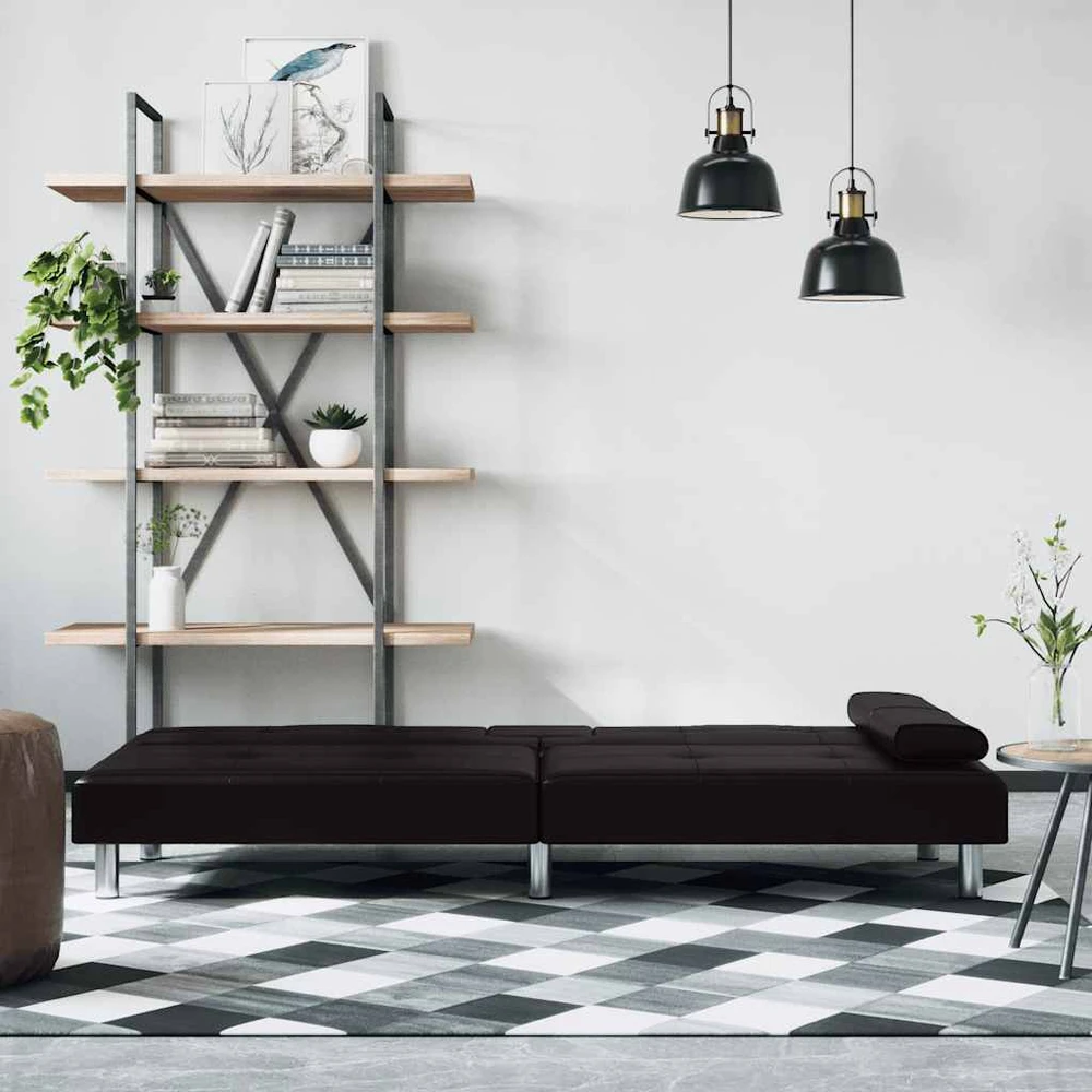 Sofa-lova su puodelių laikikliais, juodos spalvos, dirbtinė oda
