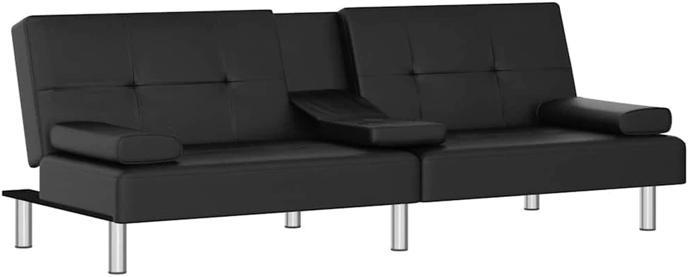 Sofa-lova su puodelių laikikliais, juodos spalvos, dirbtinė oda