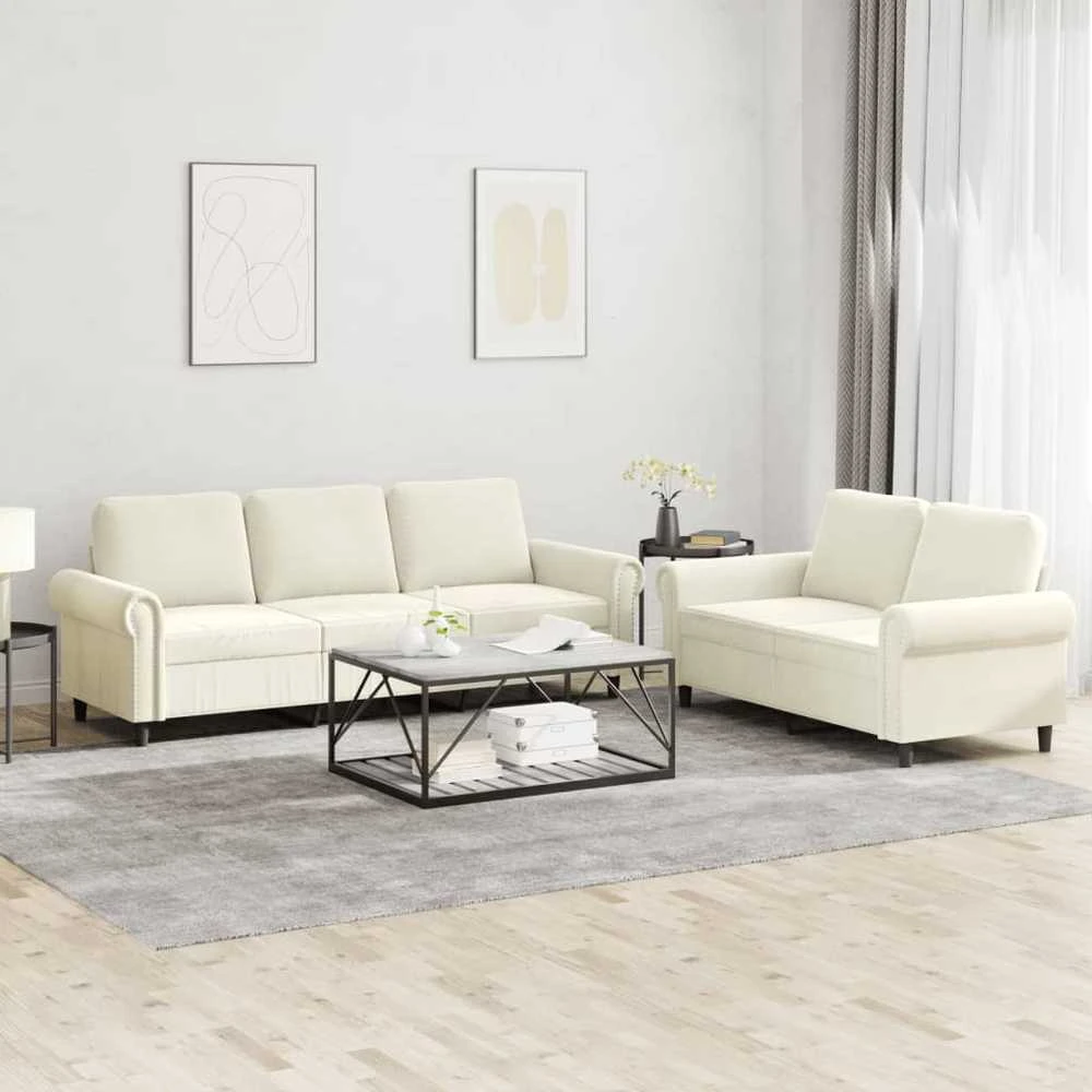 Sofa Sofos komplektas su pagalvėlėmis, 2 dalių, kreminis, aksomas
