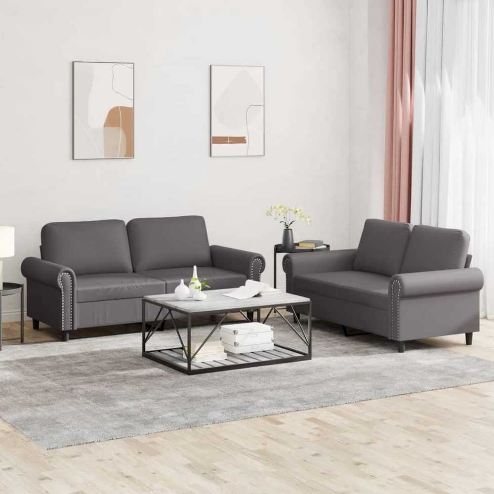 Sofa Sofos komplektas su pagalvėlėmis, 2 dalių, pilkas, dirbtinė oda