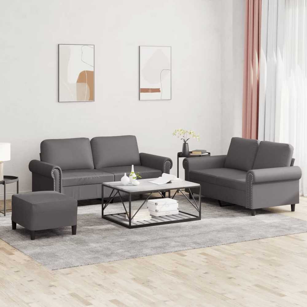 Sofa Sofos komplektas su pagalvėlėmis, 3 dalių, pilkas, dirbtinė oda