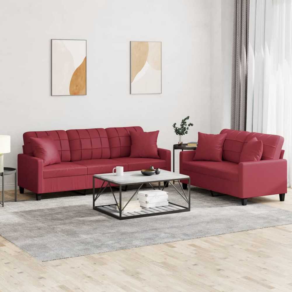 Sofa Sofos komplektas su pagalvėmis, 2 dalių, vyno, dirbtinė oda