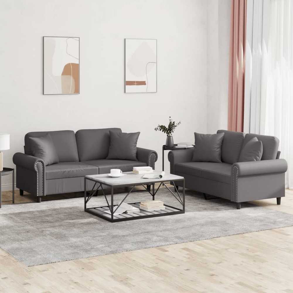 Sofa Sofos komplektas su pagalvėmis, 2 dalių, pilkas, dirbtinė oda