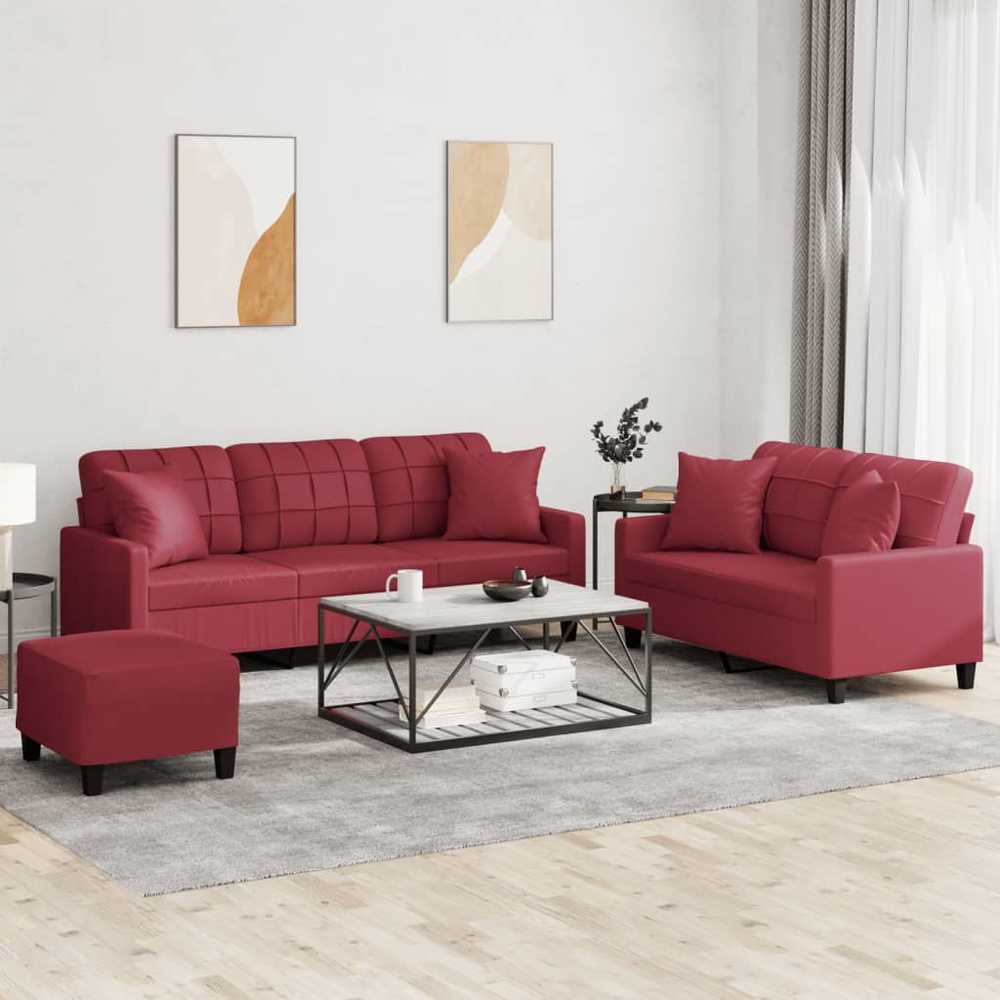 Sofa Sofos komplektas su pagalvėmis, 3 dalių, vyno, dirbtinė oda