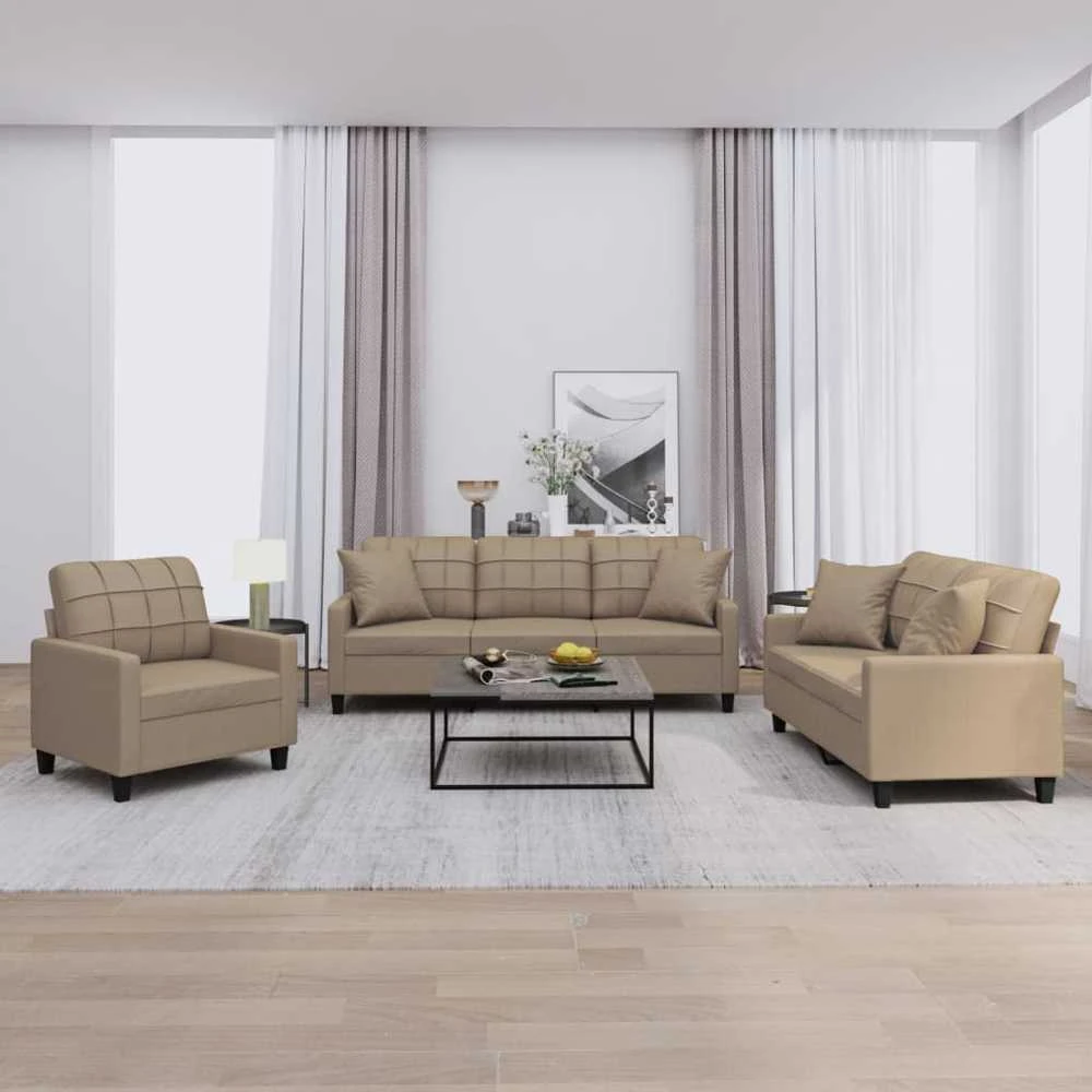 Sofa Sofos komplektas su pagalvėmis, 3 dalių, kapučino, dirbtinė oda