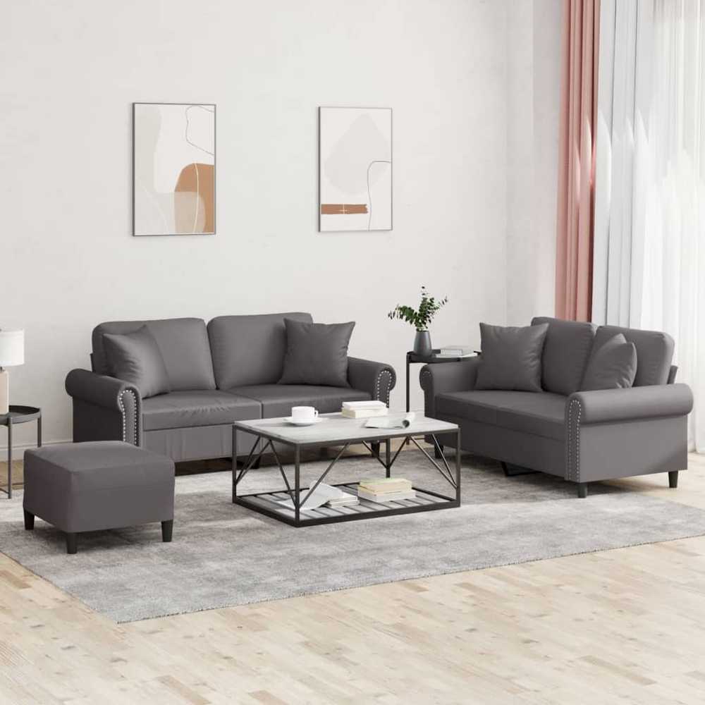 Sofa Sofos komplektas su pagalvėmis, 3 dalių, pilkas, dirbtinė oda