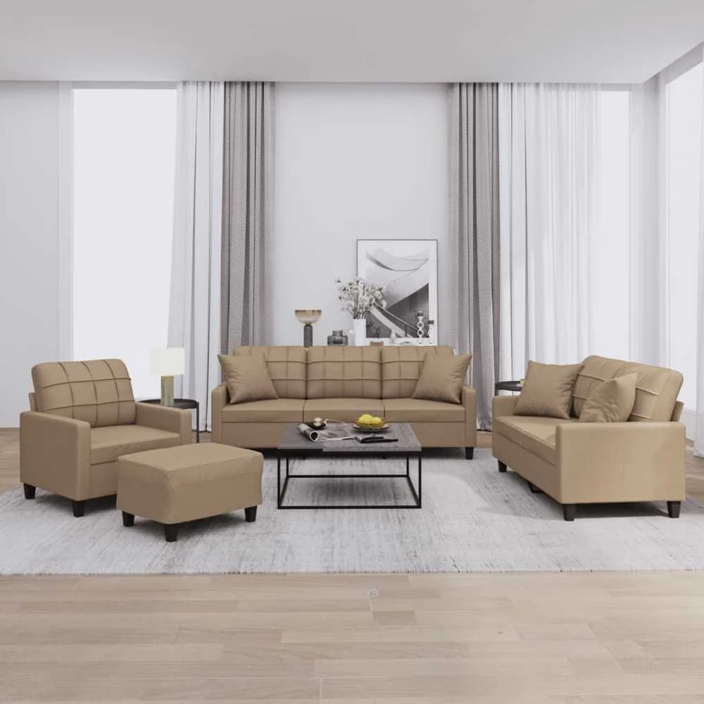 Sofa Sofos komplektas su pagalvėmis, 4 dalių, kapučino, dirbtinė oda