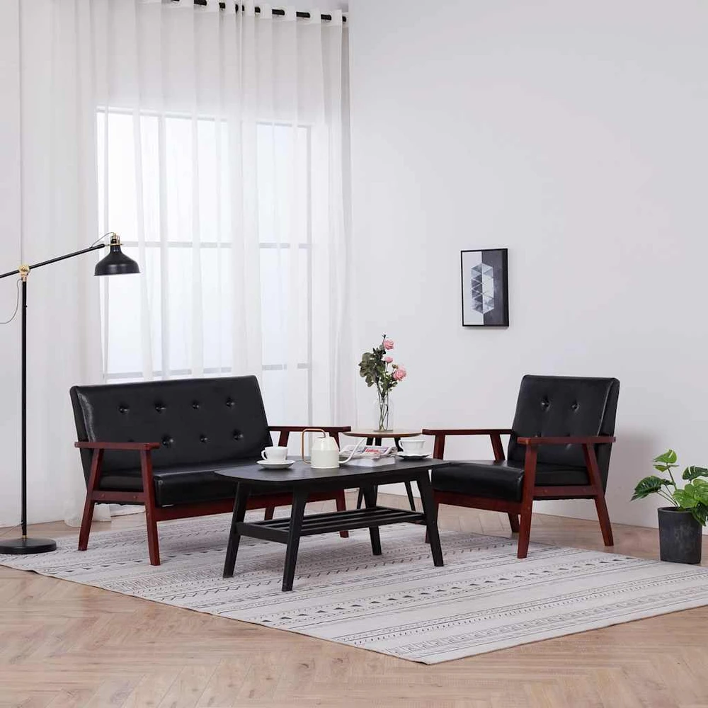 Sofa Sofos komplektas, 2 dalių, juodos spalvos, dirbtinė oda