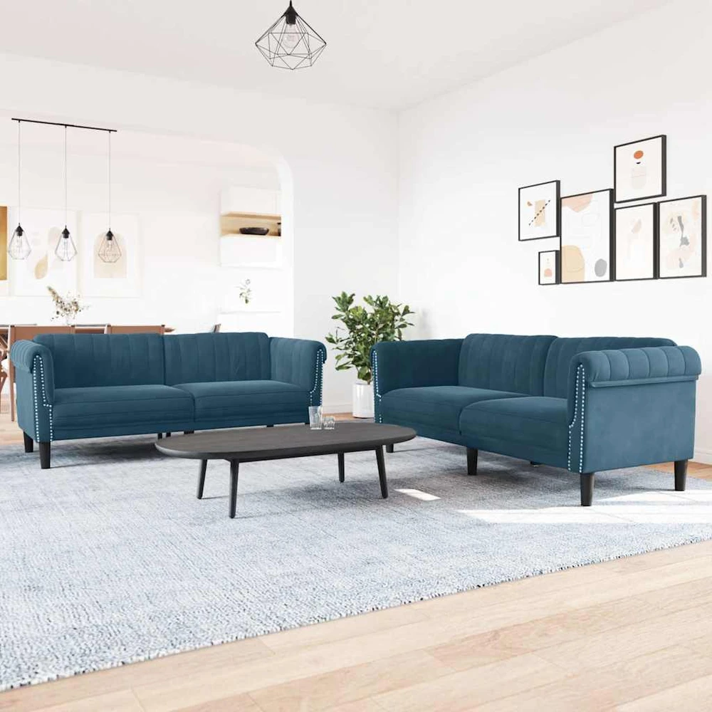 Sofa Sofos komplektas, 2 dalių, mėlynos spalvos, aksomas