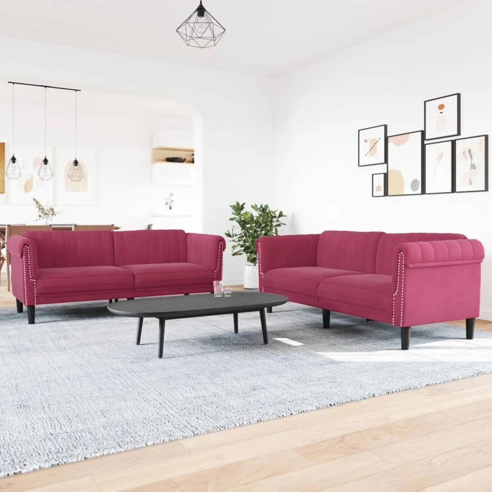 Sofa Sofos komplektas, 2 dalių, raudonojo vyno spalvos, aksomas