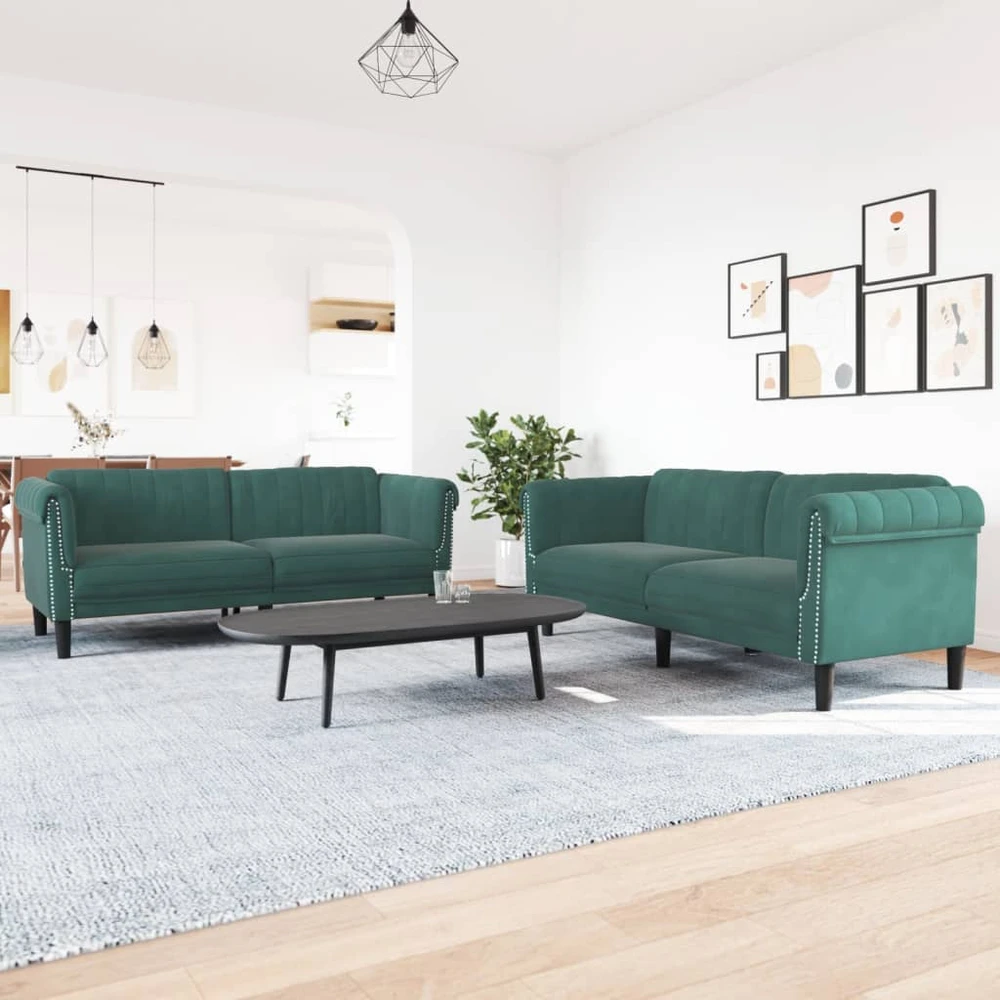 Sofa Sofos komplektas, 2 dalių, tamsiai žalios spalvos, aksomas