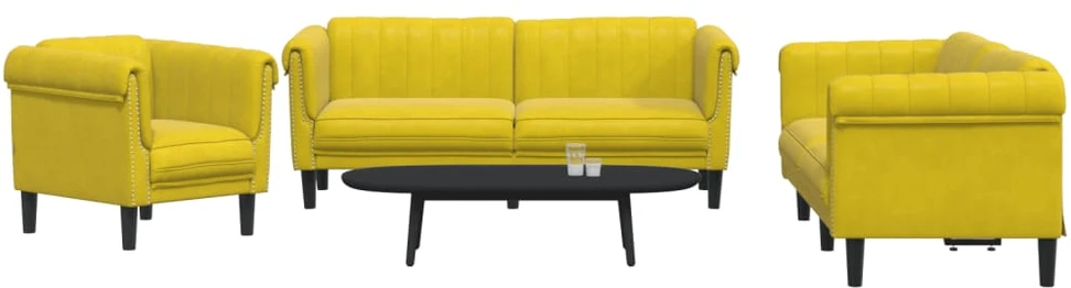Sofa Sofos komplektas, 3 dalių, geltonos spalvos, aksomas